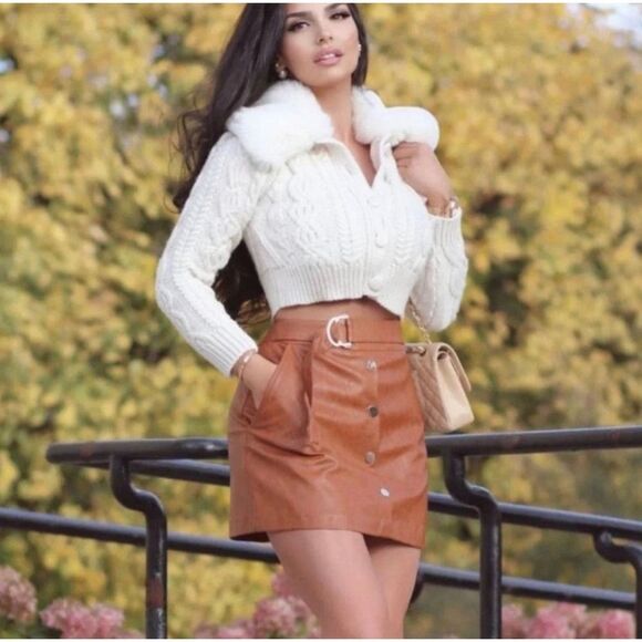Zara EUC Faux Leather High Waist Brown Mini Skirt Gold Buttons Belted XS - Picture 1 of 10